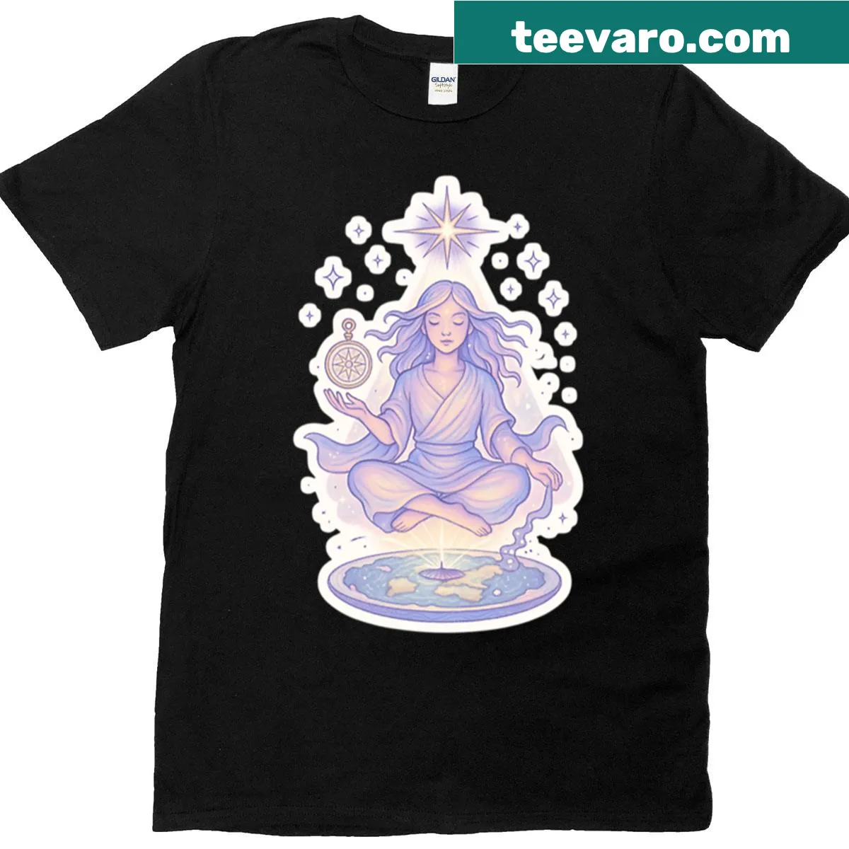 Illustrated t-shirt featuring a cosmic cartographer design — on a men's t-shirt