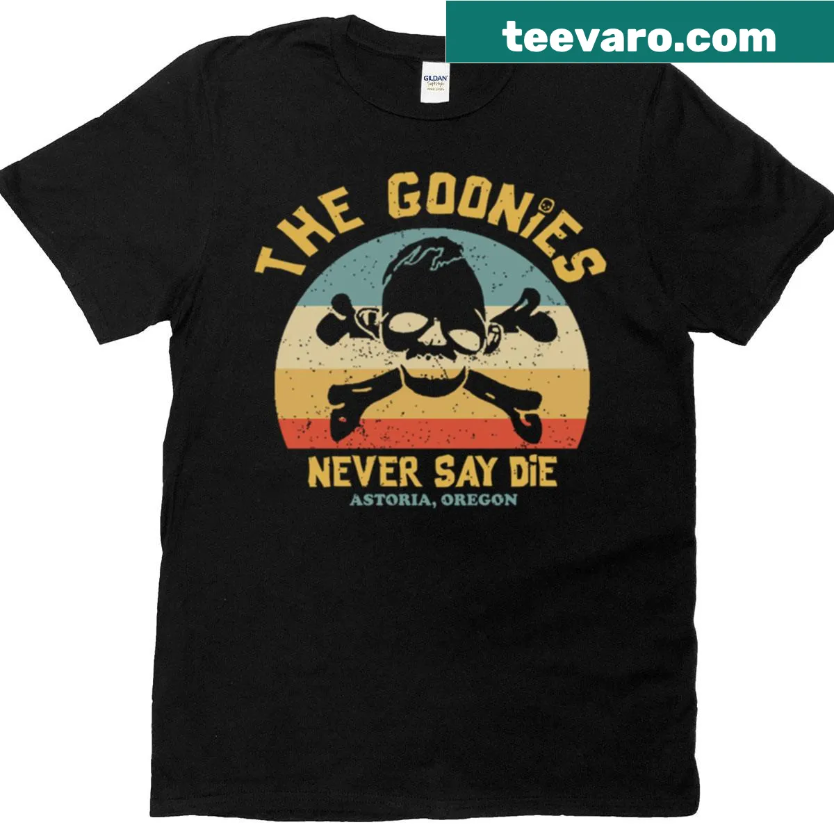 Vintage Goonies T-shirt with 'Never Say Die' in retro typography. — on a men's t-shirt