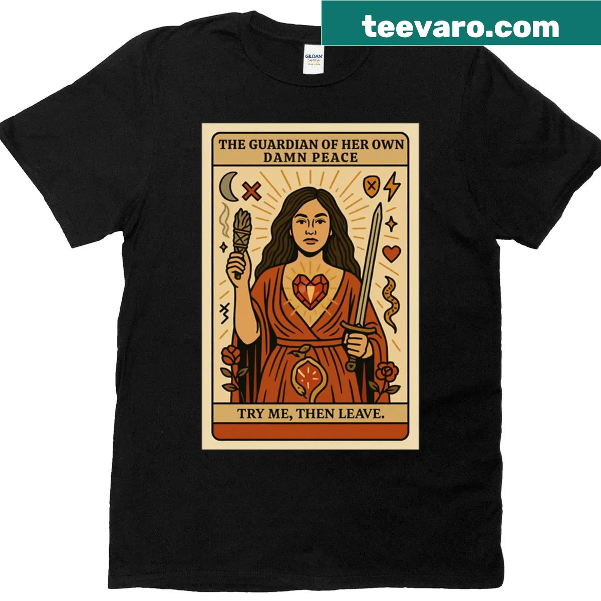 Tarot card design T-shirt focusing on personal peace and empowerment — on a men's t-shirt