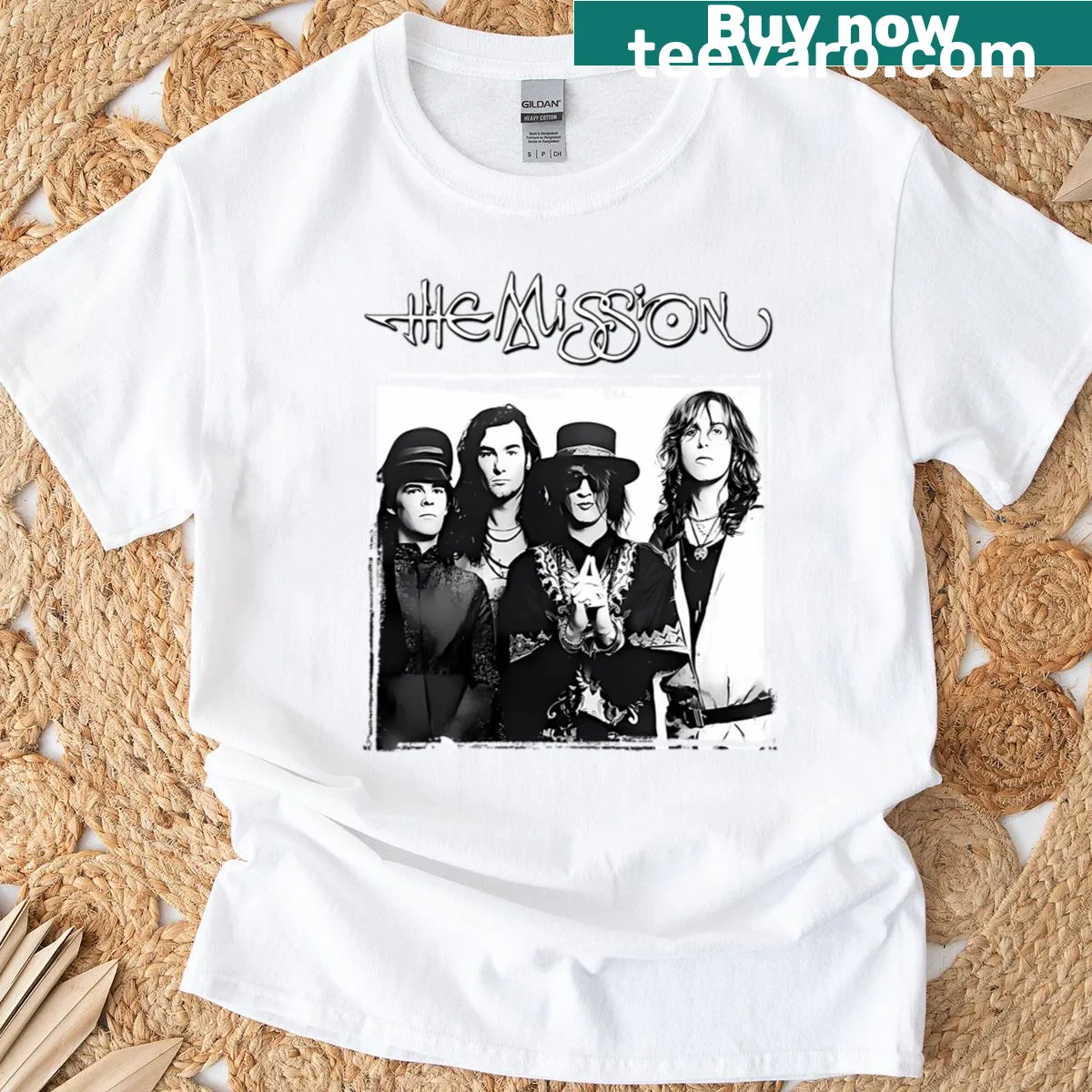 Illustrated graphic of a band performance — on a men's t-shirt
