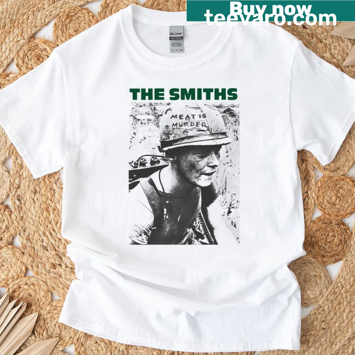 Retro punk rock t-shirt featuring 'Meat Is Murder' text and design. — on a men's t-shirt