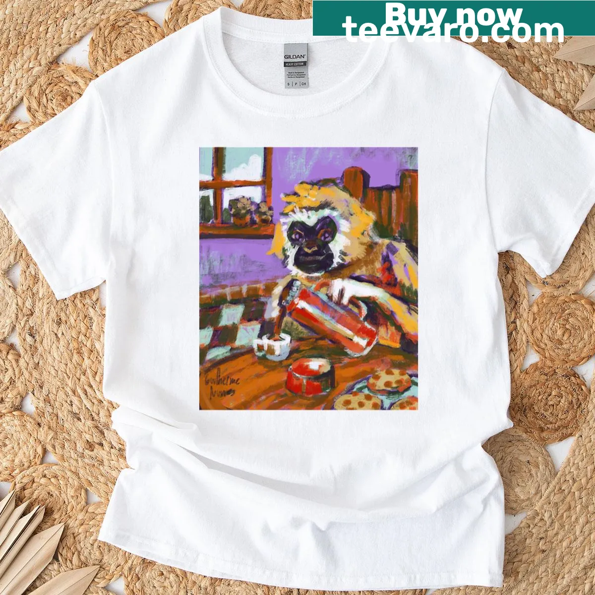 Illustration of a gibbon with coffee on T-shirt — on a men's t-shirt