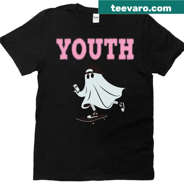 Cartoon-style T-shirt featuring ghost graphics and ombre text