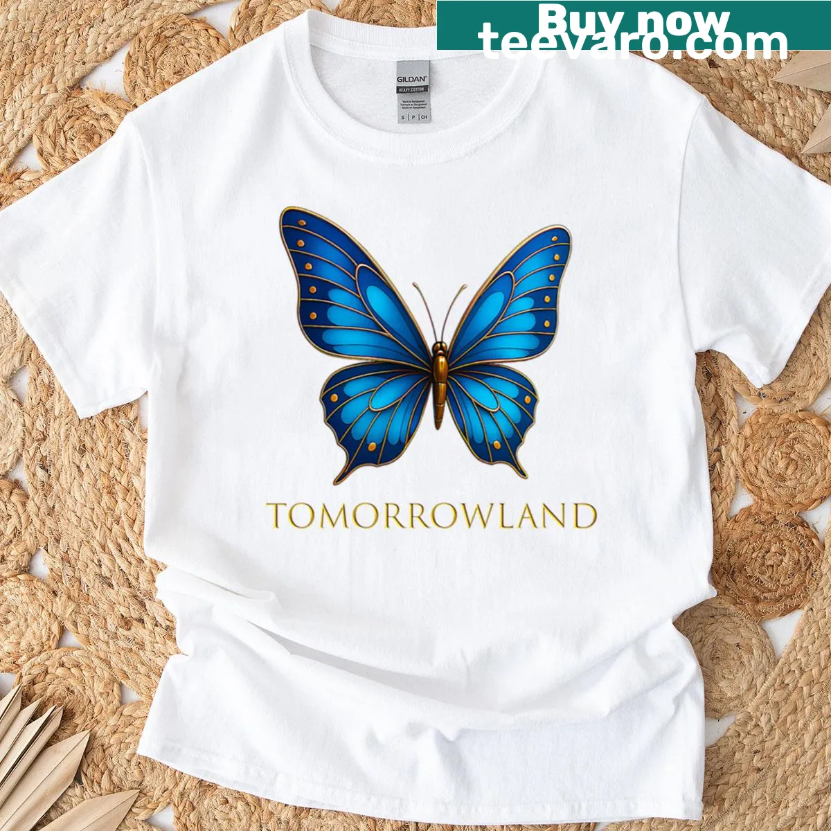 Illustrated butterfly design representing Tomorrowland — on a men's t-shirt
