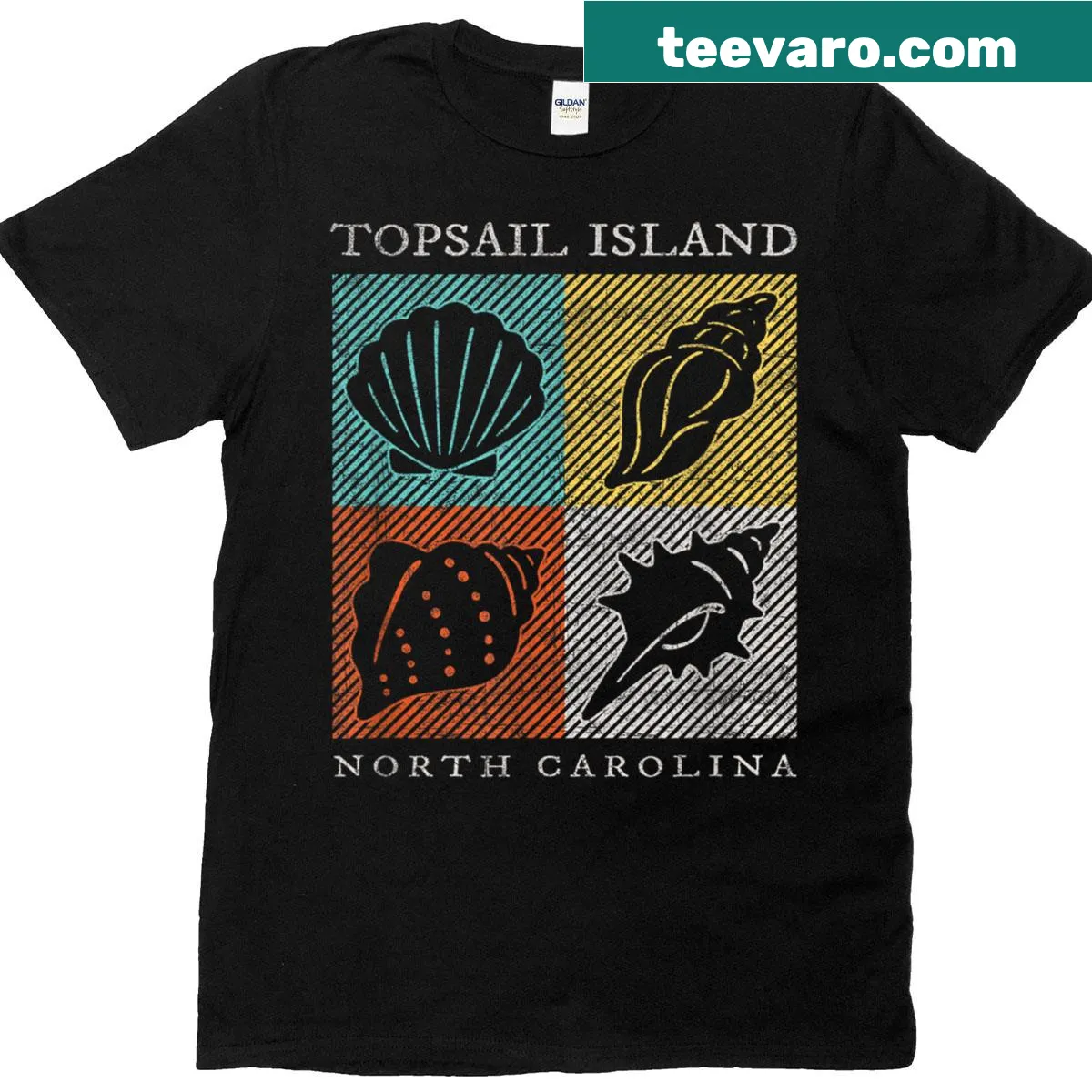 Vintage-style Topsail Island souvenir t-shirt with beach shells — on a men's t-shirt