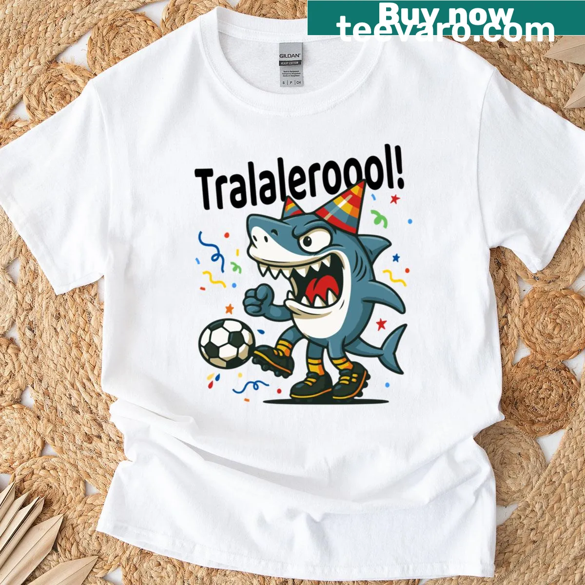Cartoon-style T-shirt featuring the Tralalero Tralala soccer meme — on a men's t-shirt