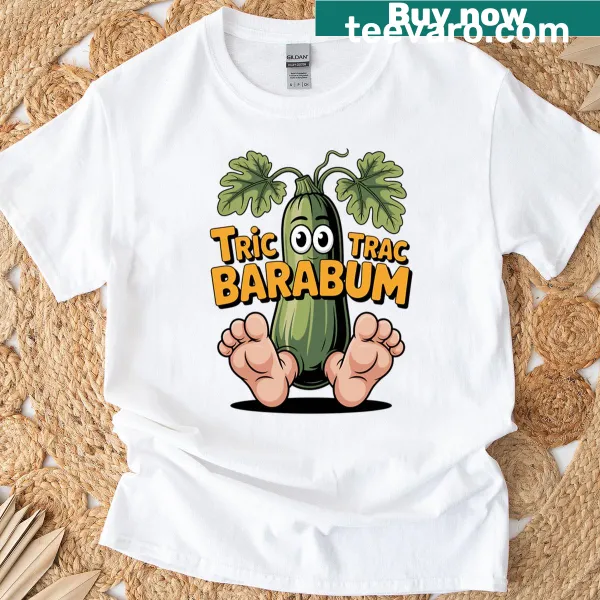 Cartoon-style T-shirt featuring the Tric Trac Baraboom meme graphic