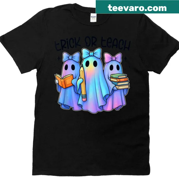 Playful Halloween t-shirt with a ghost and 'Trick Or Teach' phrase