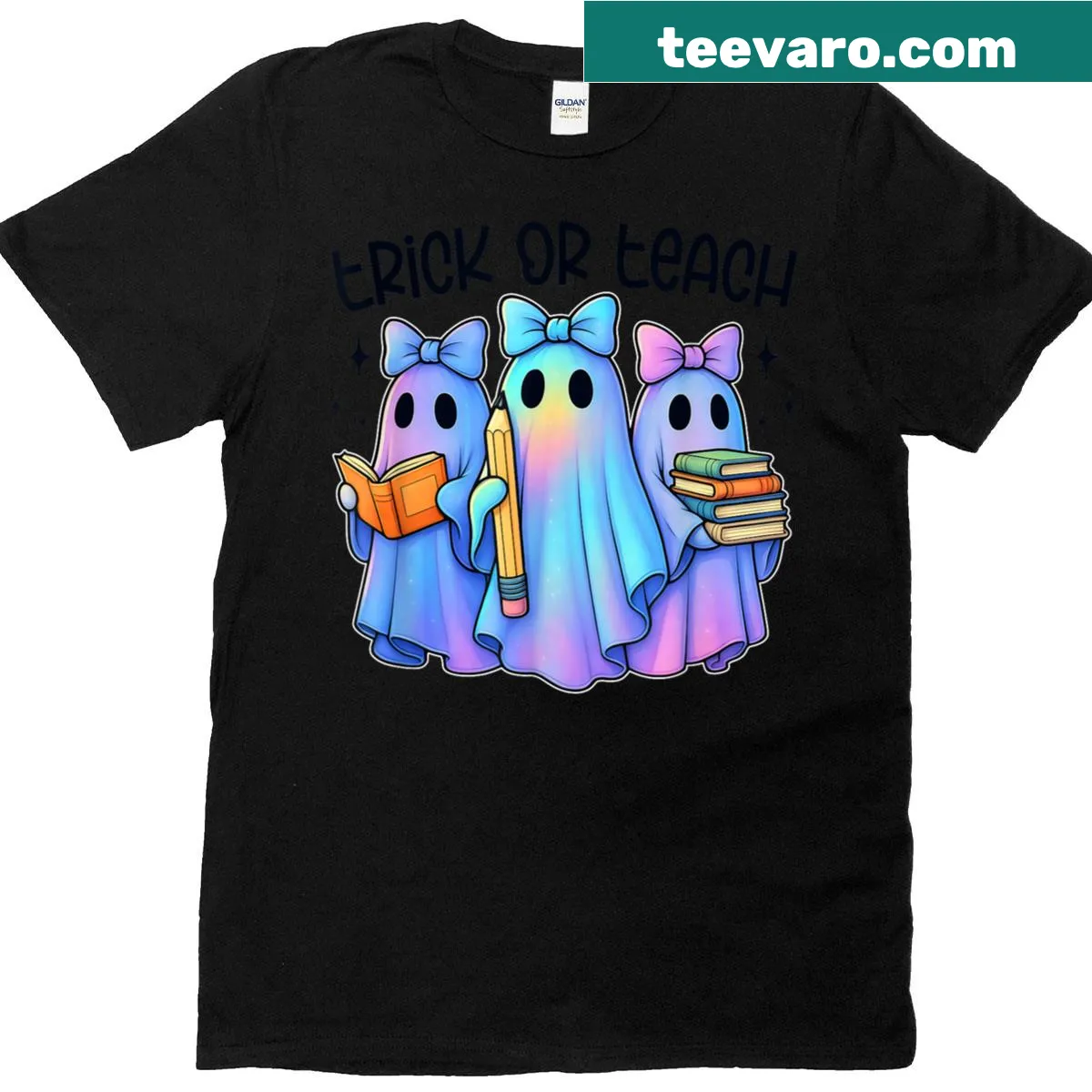 Playful Halloween t-shirt with a ghost and 'Trick Or Teach' phrase — on a men's t-shirt