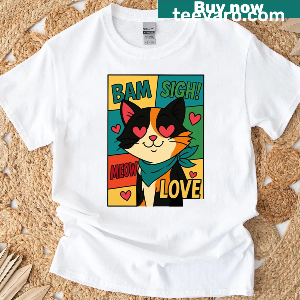 Kawaii cat pop art t-shirt with a fun design — on a men's t-shirt