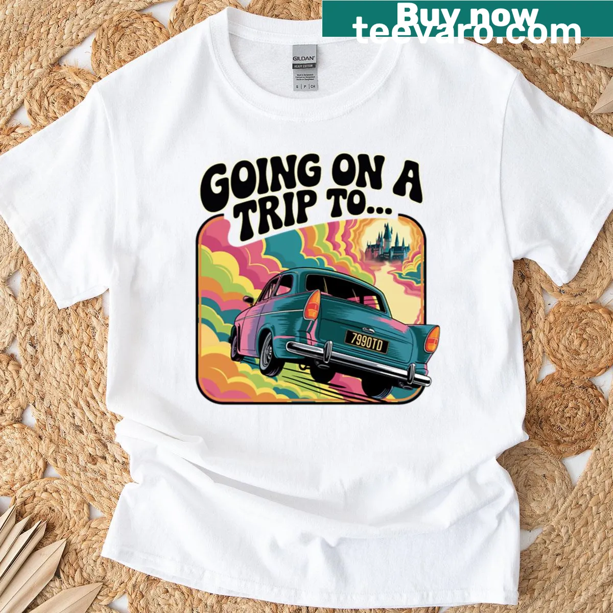 Whimsical illustration of a wizarding school on T-shirt — on a men's t-shirt
