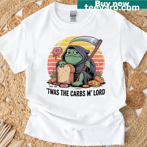 Funny frog meme t-shirt with humorous text about carbs