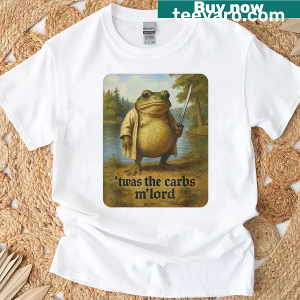 Funny medieval frog lover t-shirt with humorous 'Twas the Carbs' text