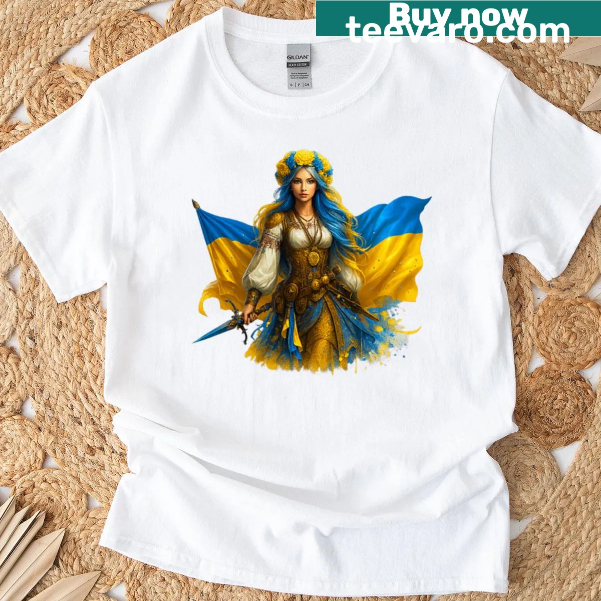 3D fantasy T-shirt featuring a Ukrainian warrior goddess illustration — on a men's t-shirt