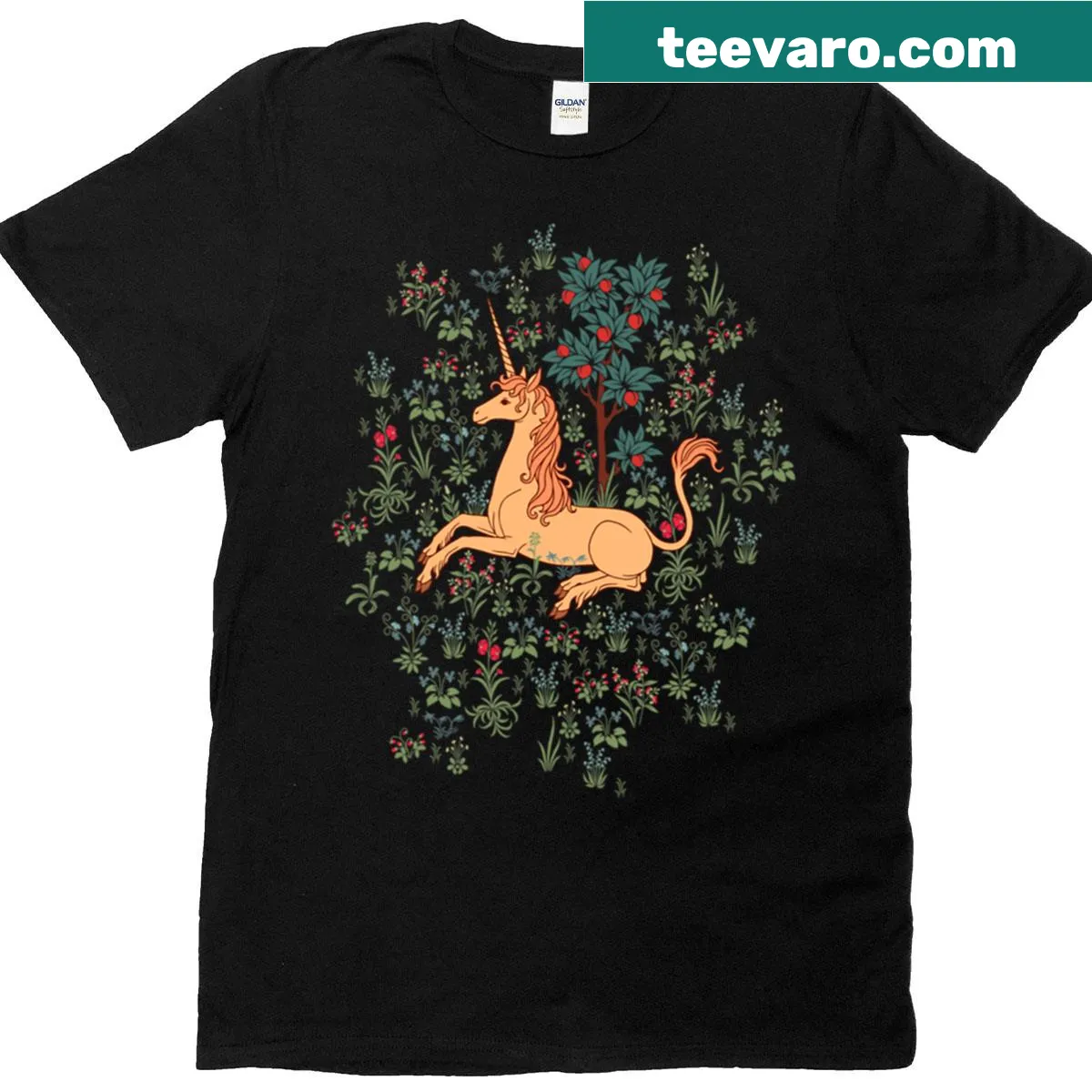 Whimsical unicorn surrounded by flowers on a T-shirt — on a men's t-shirt