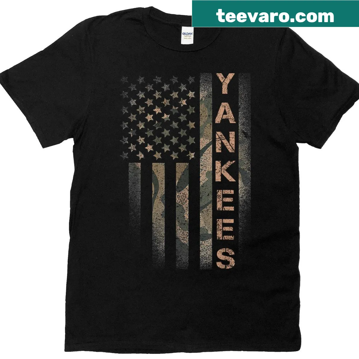 Camo Yankees American flag graphic on pride t-shirt — on a men's t-shirt