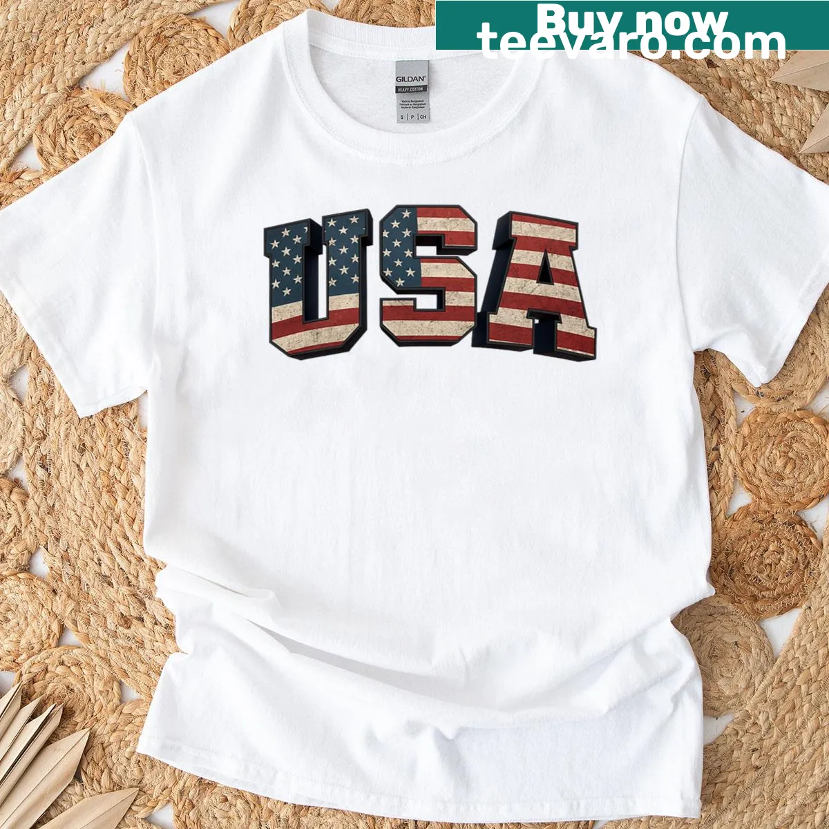 Vintage distressed USA flag t-shirt with patriotic lettering — on a men's t-shirt