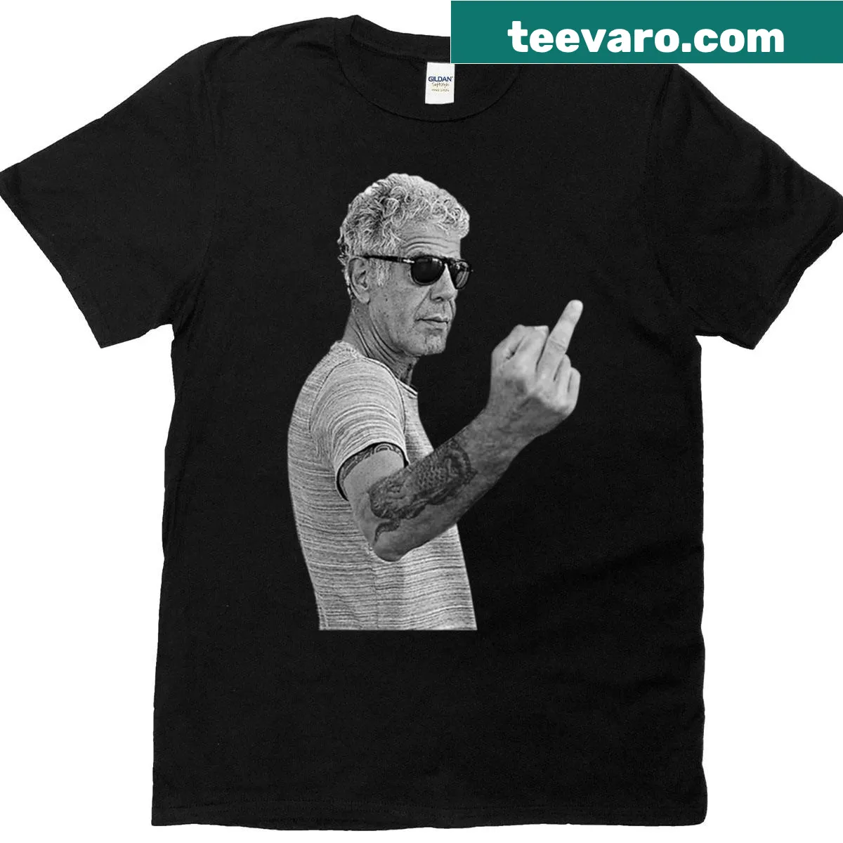 Vintage T-shirt honoring Anthony Bourdain with thoughtful typography — on a men's t-shirt