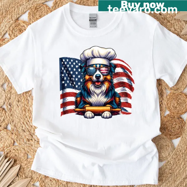 Vintage-style tee with Australian Shepherd and baking theme