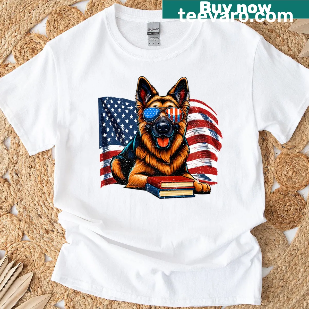 Vintage German Shepherd t-shirt featuring books and US flag — on a men's t-shirt