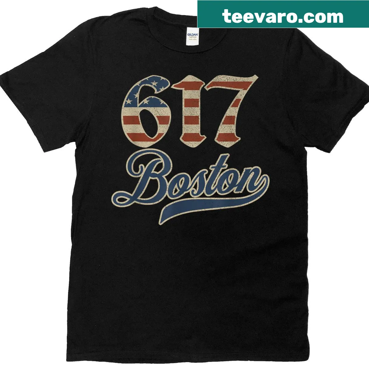 Vintage Boston 617 area code and American flag graphic — on a men's t-shirt