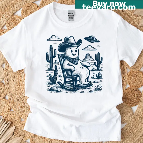 Funny cartoon cowboy ghost with UFO illustration for Halloween