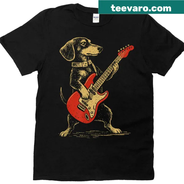 Vintage dachshund playing guitar graphic on funny music shirt