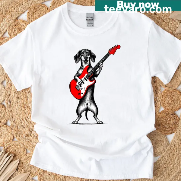 Vintage dachshund playing guitar t-shirt design