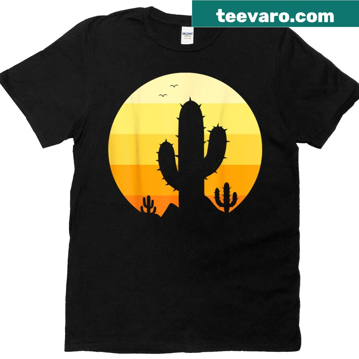 Vintage t-shirt featuring desert sunset cactus silhouette design — on a men's t-shirt