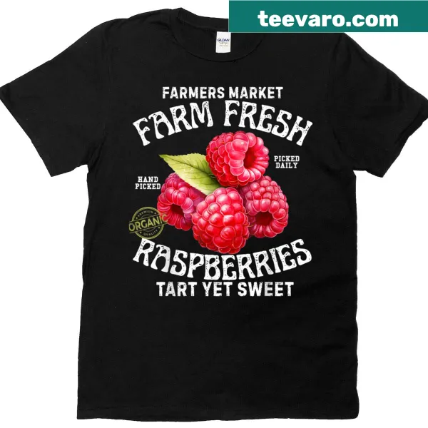 Vintage-style t-shirt featuring raspberries and a nature theme