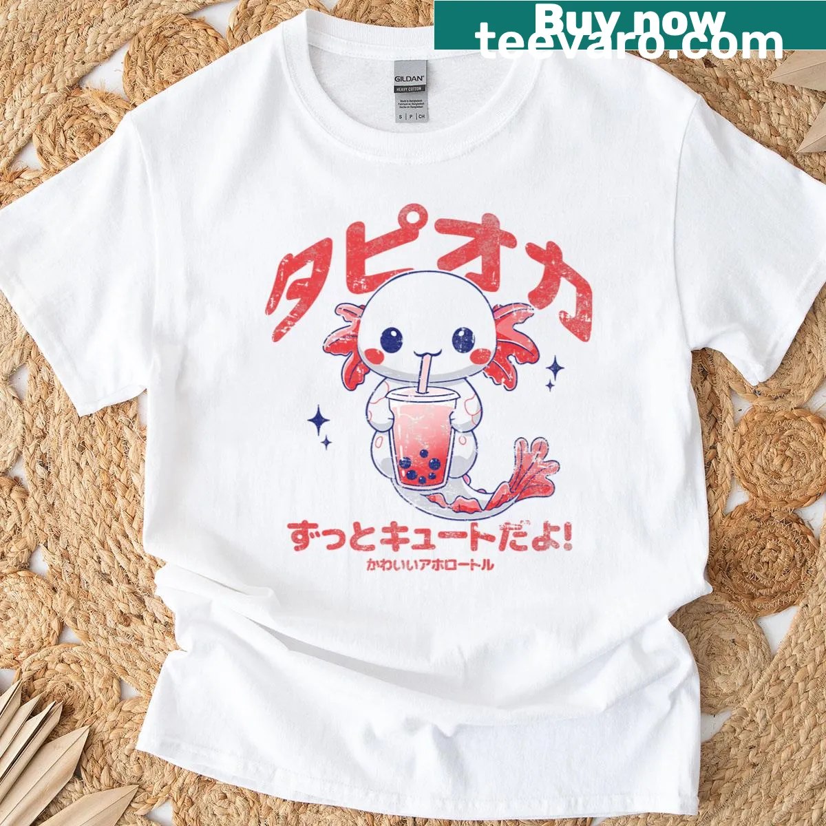 Vintage Kawaii Axolotl Boba t-shirt featuring cartoon design — on a men's t-shirt