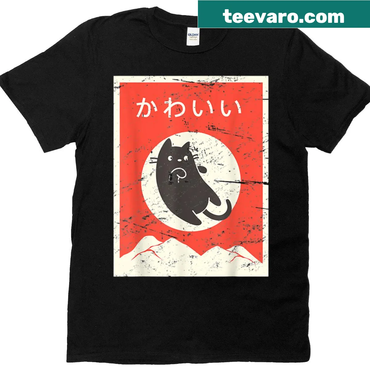 Kawaii-style vintage t-shirt featuring a cute Japanese cat design. — on a men's t-shirt