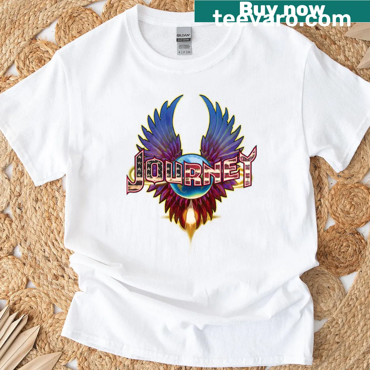 Vintage Journey Band 1980 T-shirt with USA flag design — on a men's t-shirt