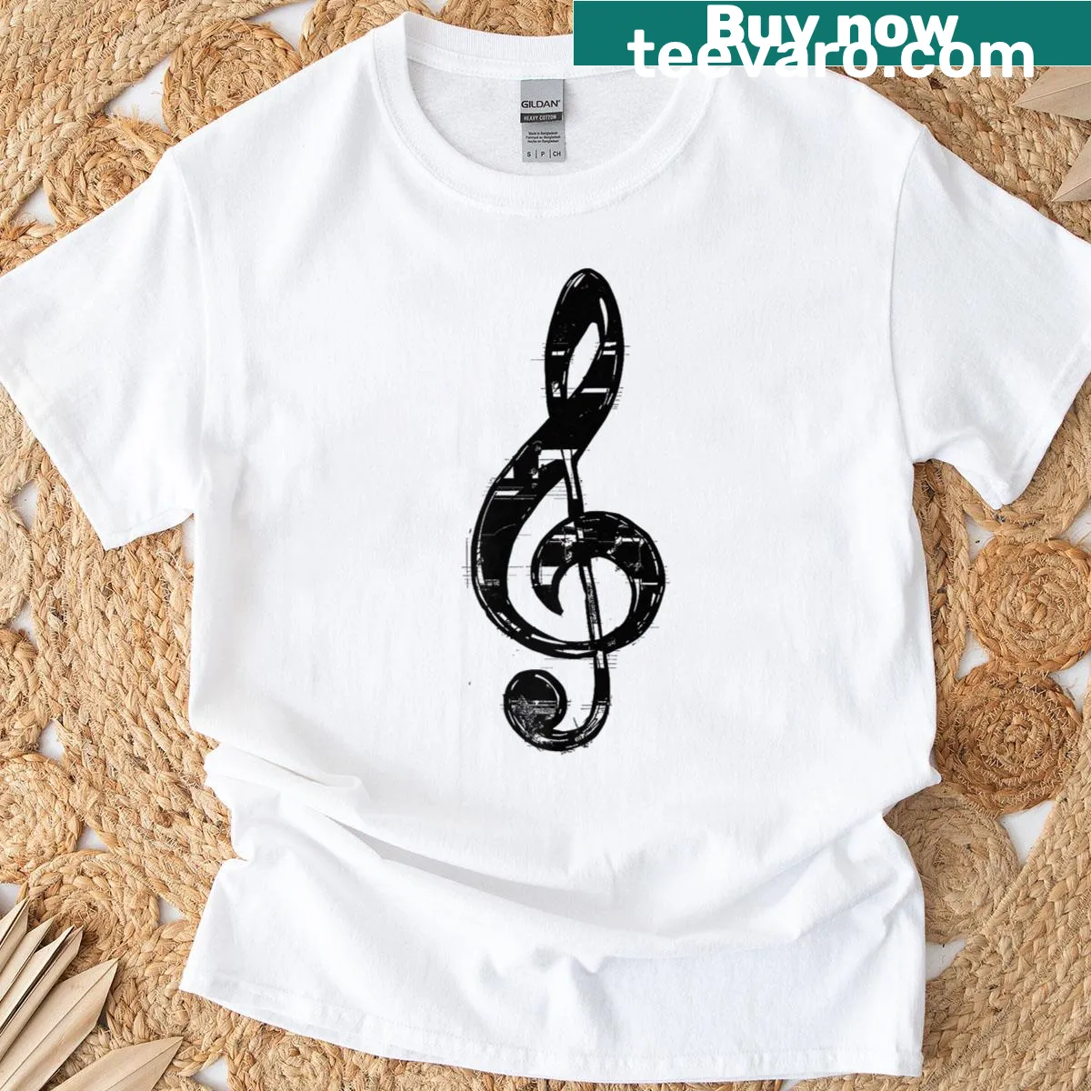 Vintage treble clef and music notes t-shirt — on a men's t-shirt