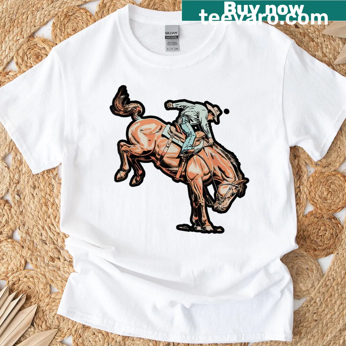 Vintage T-shirt with retro rodeo bucking horse design — on a men's t-shirt