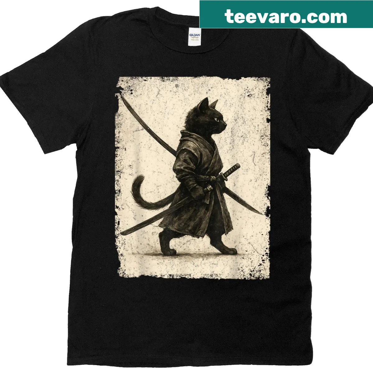 Vintage samurai cat graphic on Japanese art inspired t-shirt — on a men's t-shirt
