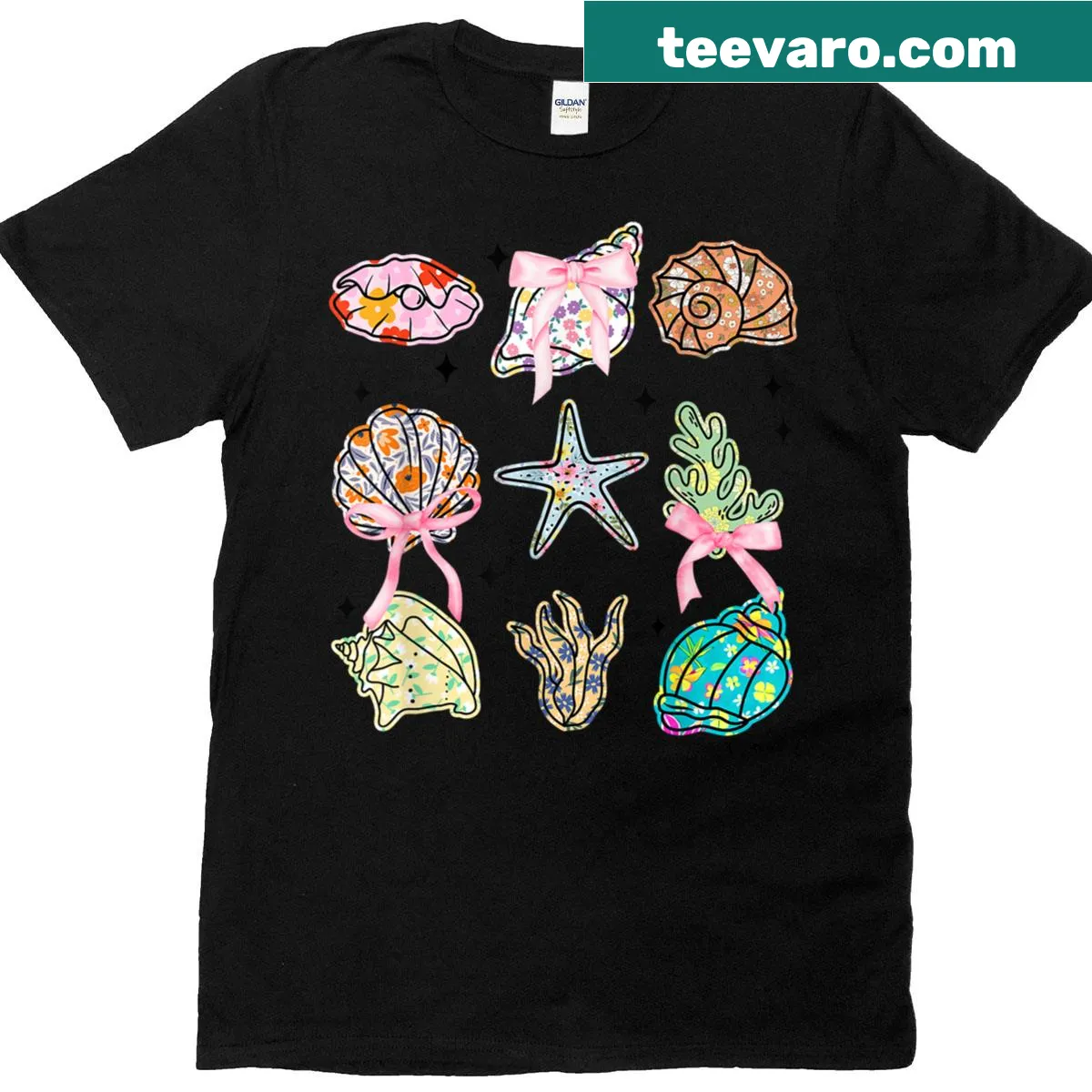 Vintage seashells and floral design on beach-themed T-shirt — on a men's t-shirt