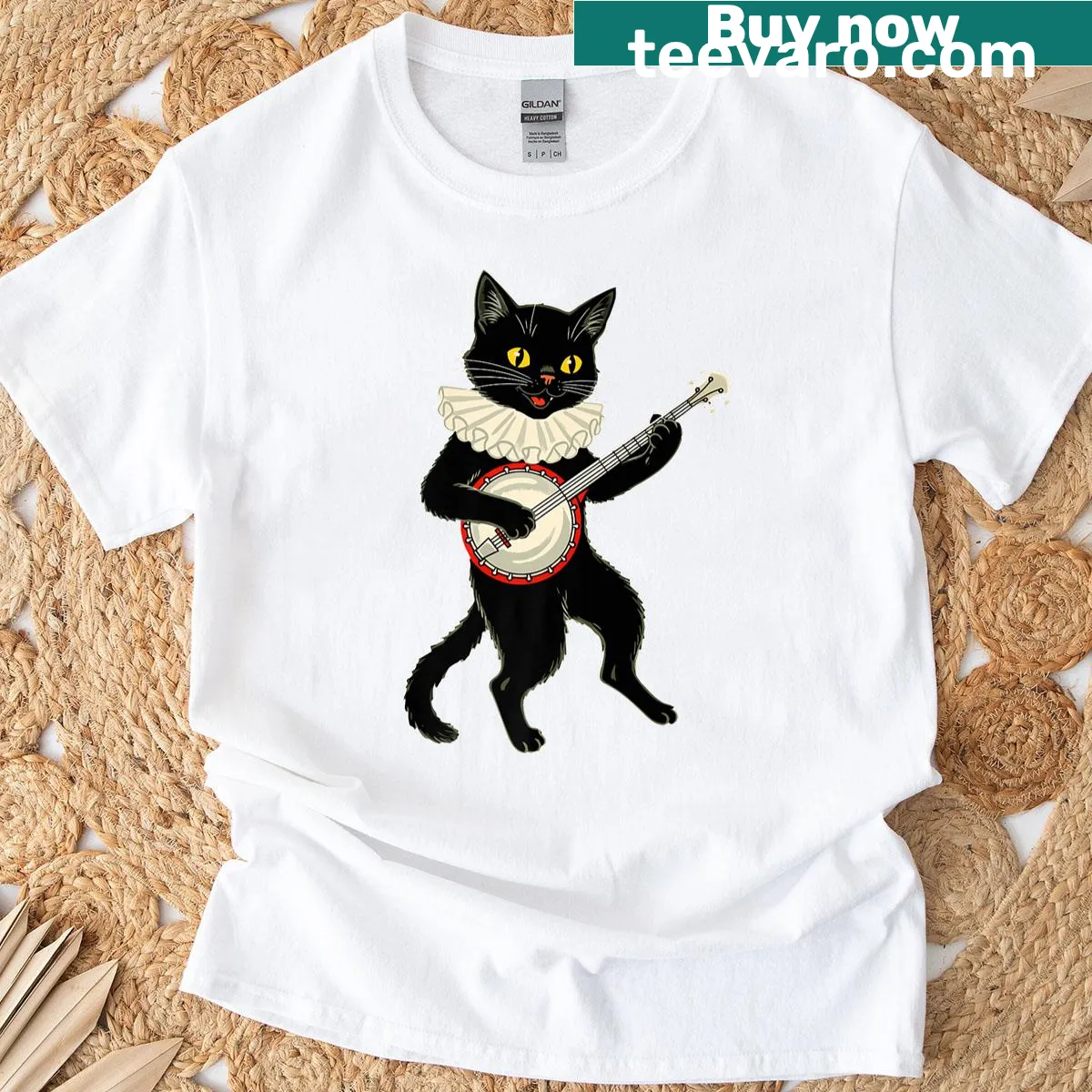Cartoon T-shirt featuring a silly cat playing banjo — on a men's t-shirt