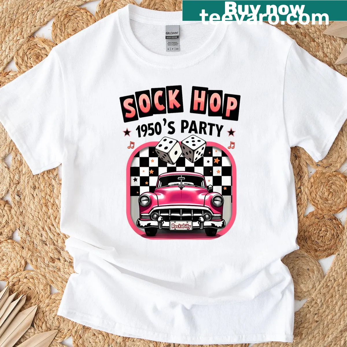 Vintage t-shirt featuring a sock hop dance party design. — on a men's t-shirt