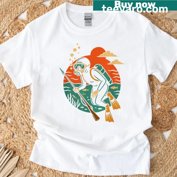 Vintage spearfishing T-shirt featuring harpoons and diving design