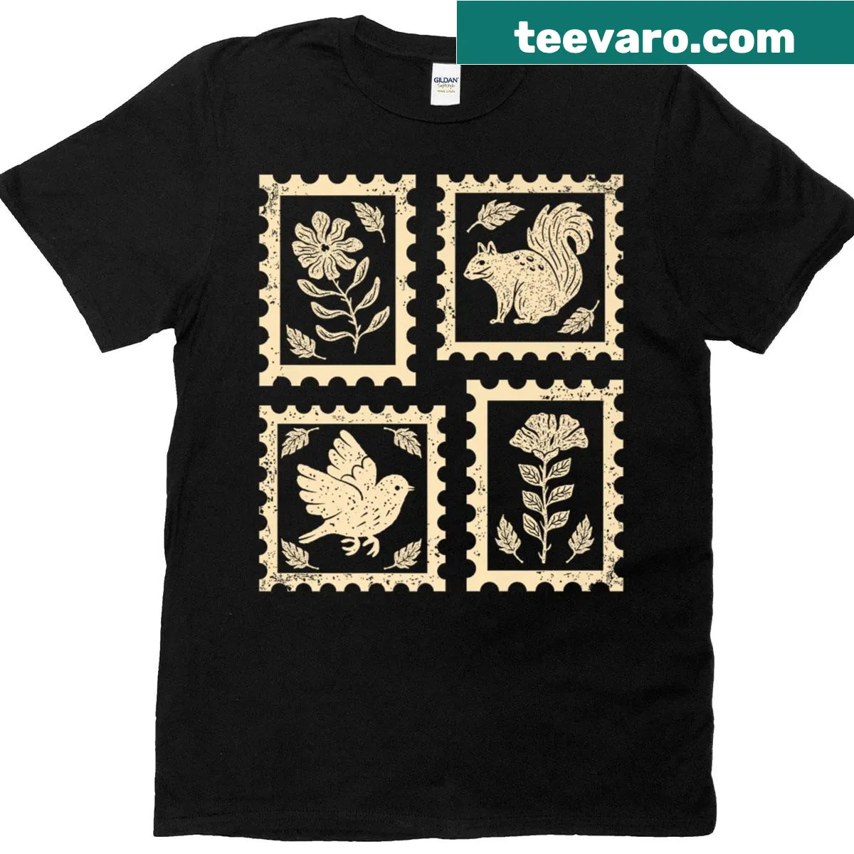 Linocut forest animals design on a vintage-style fall-themed t-shirt — on a men's t-shirt