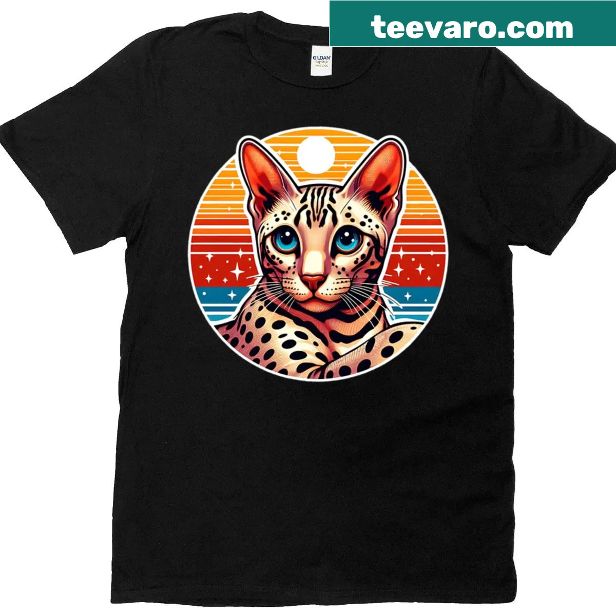 Vintage Ocicat graphic T-shirt featuring a cat against a sunrise — on a men's t-shirt