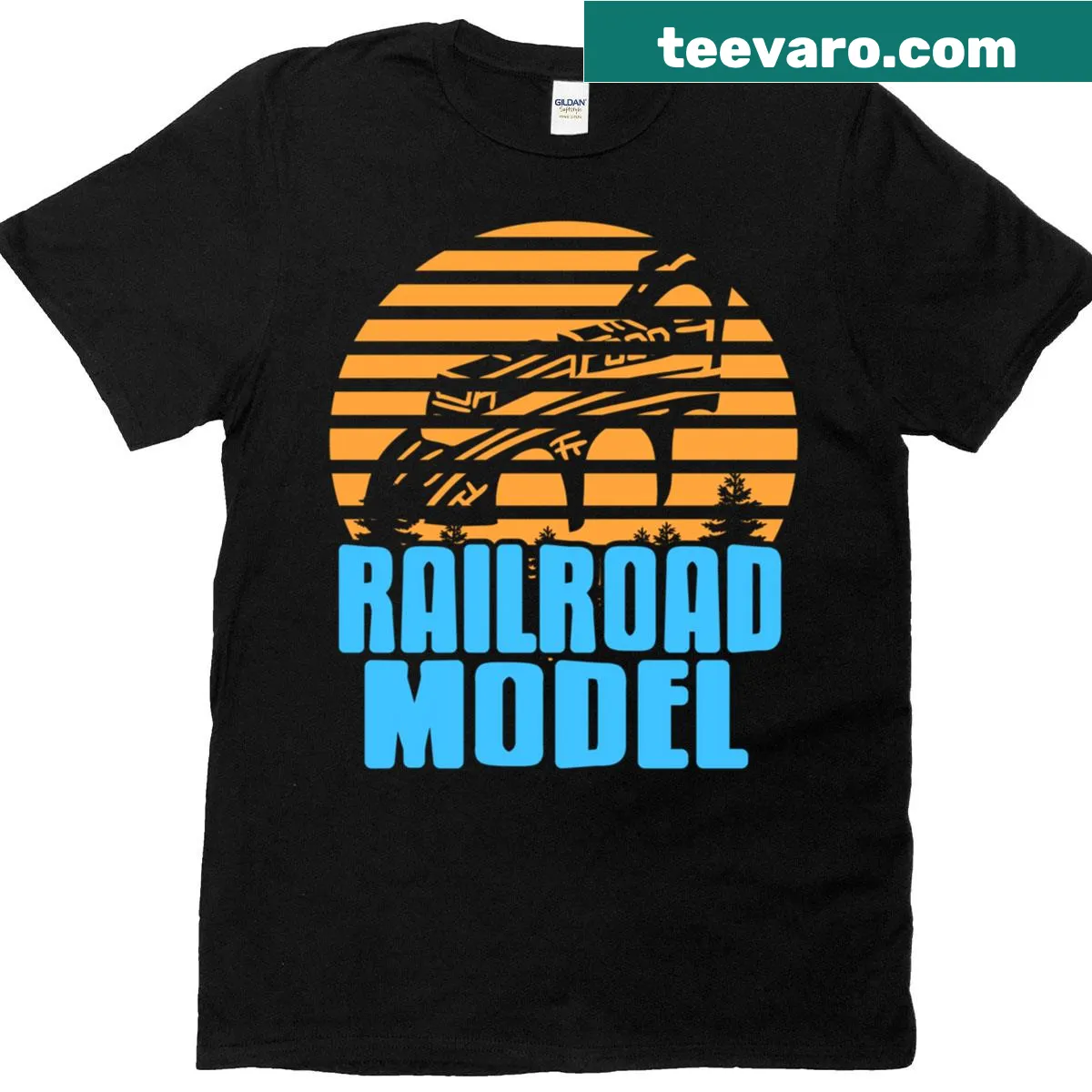 Vintage model train graphic T-shirt with a sunset scene — on a men's t-shirt