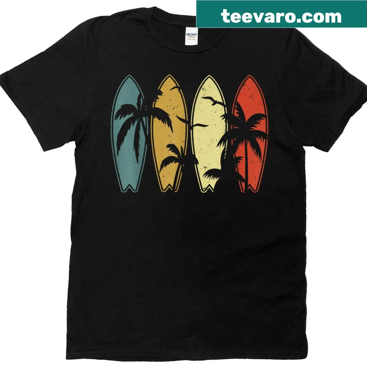 Surfboarder illustration on a vintage-style t-shirt representing beach culture — on a men's t-shirt
