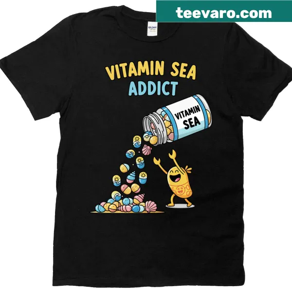 T-shirt with 'Vitamin Sea Addict' graphic emphasizing beach life