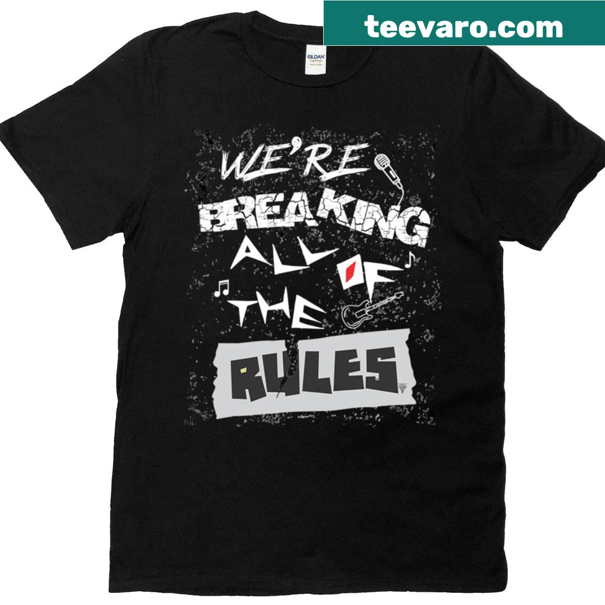 Rock-themed t-shirt with bold typography and edgy design — on a men's t-shirt