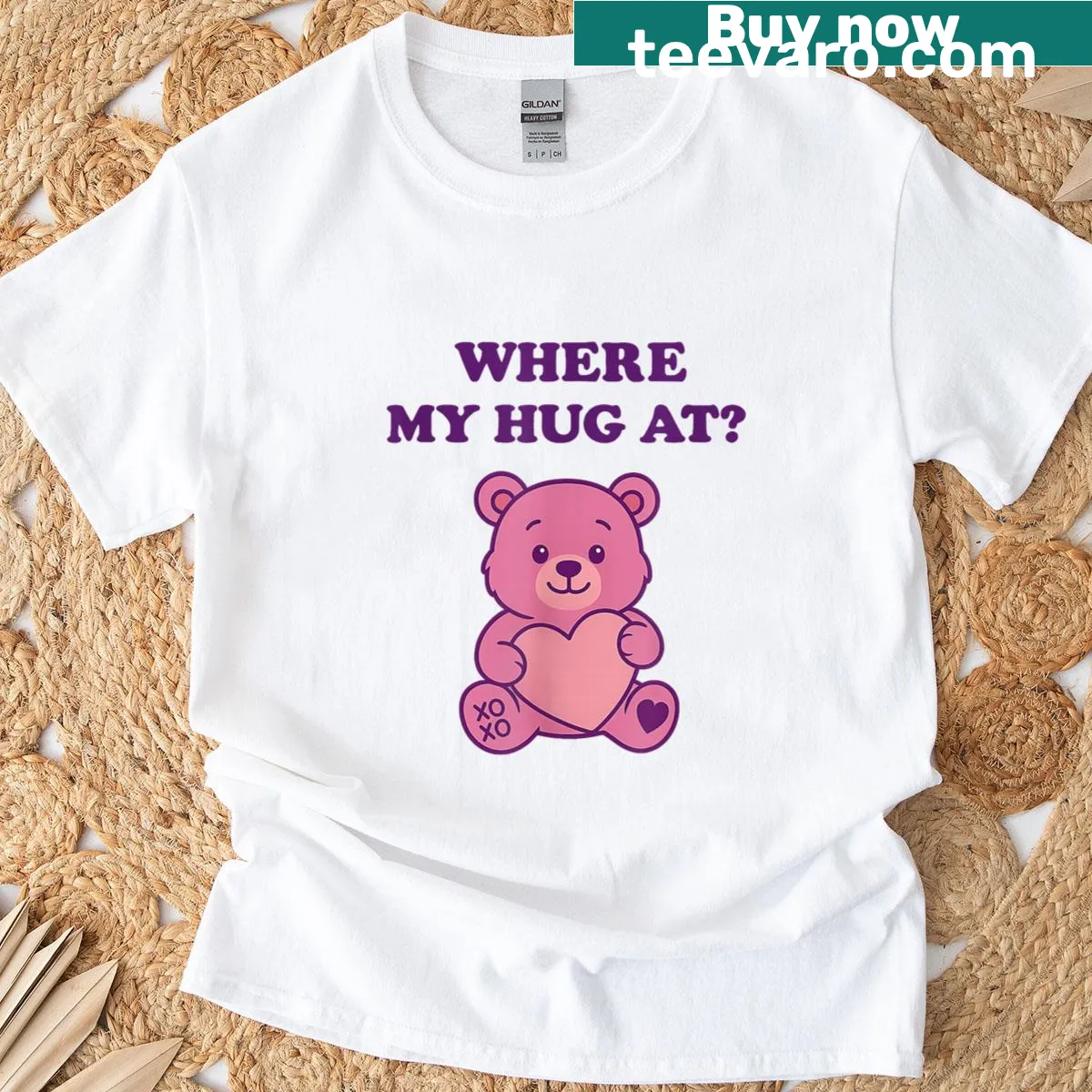 Cute teddy bear graphic T-shirt with inviting arms for hugs — on a men's t-shirt
