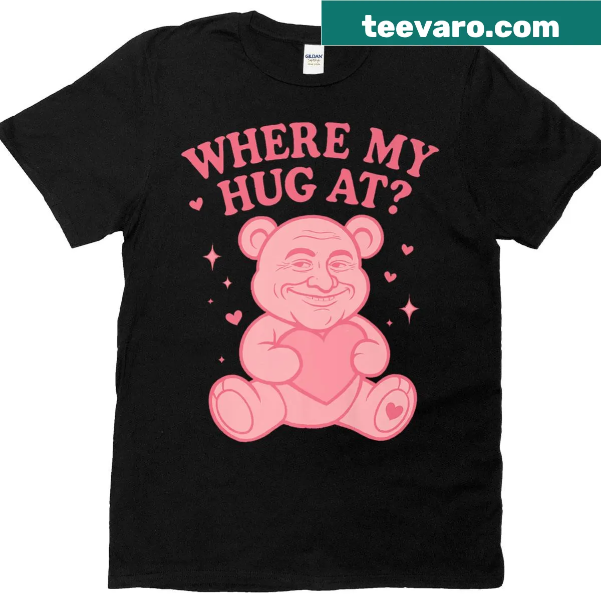 Cute teddy bear t-shirt with humorous 'Where My Hug At' text — on a men's t-shirt