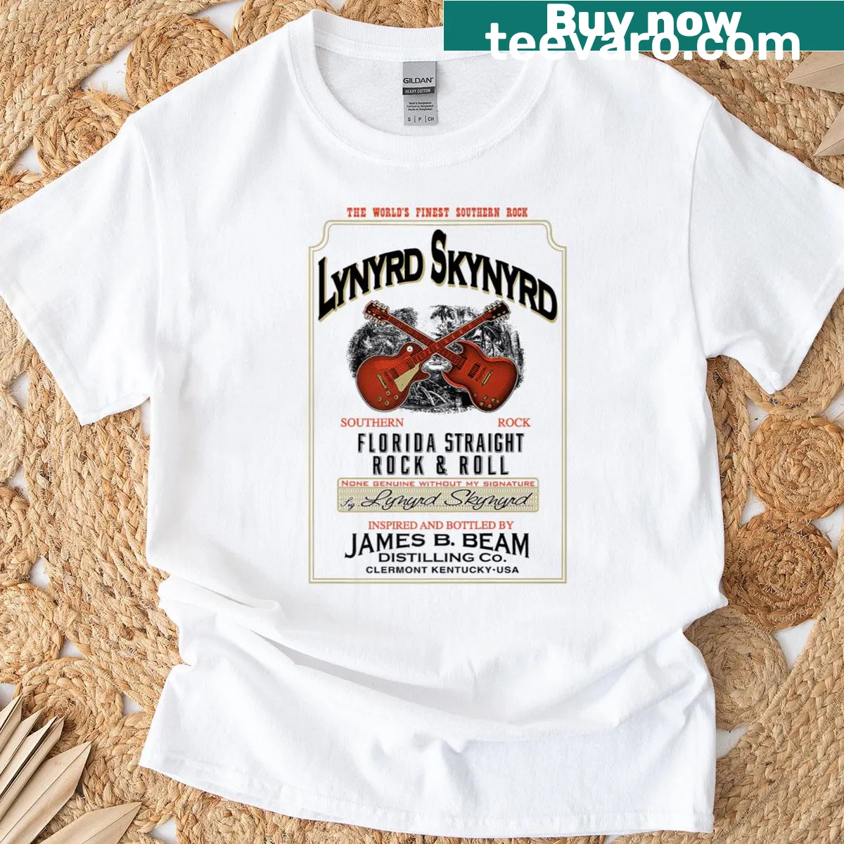 Vintage-style graphic t-shirt celebrating whiskey and rock and roll. — on a men's t-shirt