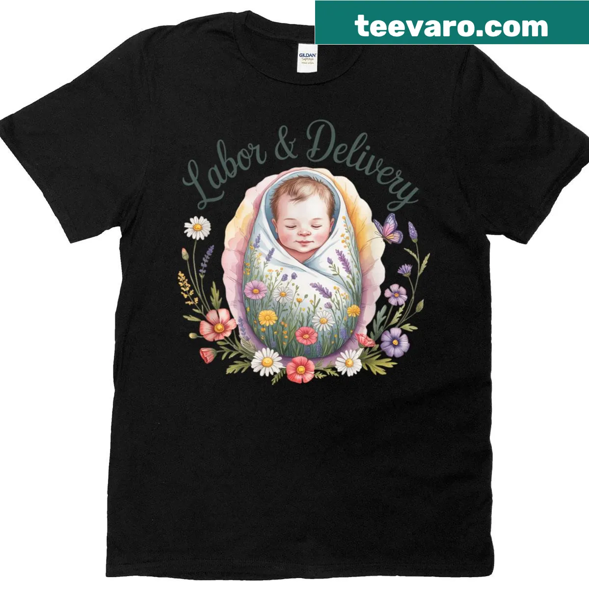Cute T-shirt with wildflower illustration for aspiring labor and delivery nurses. — on a men's t-shirt